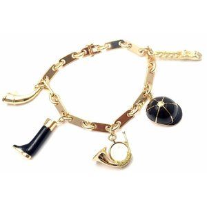 Rare! Authentic Hermes Enamel Equestrian Charm 18k Yellow Gold Link Bracelet